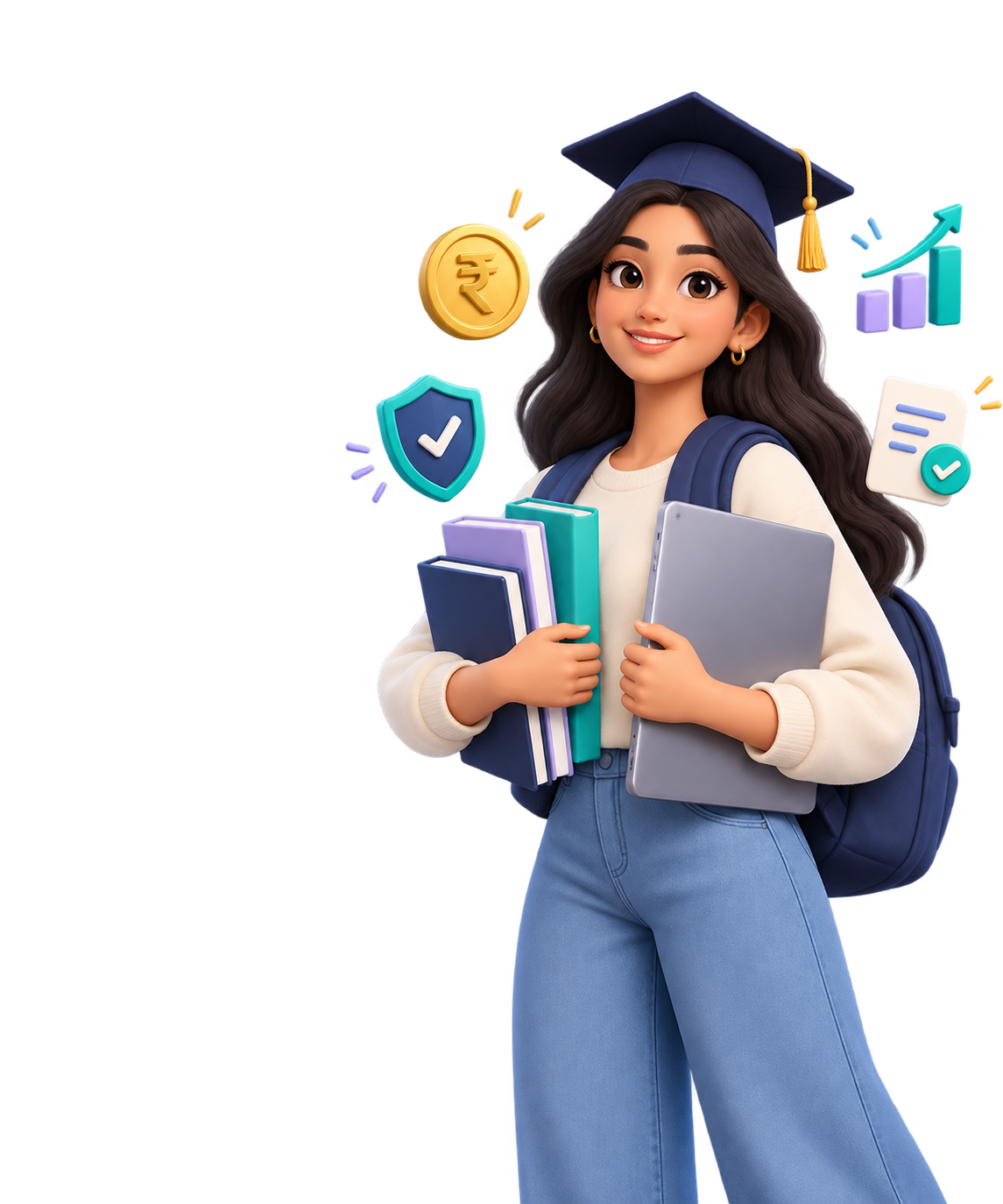 Student holding books and a laptop with education finance icons